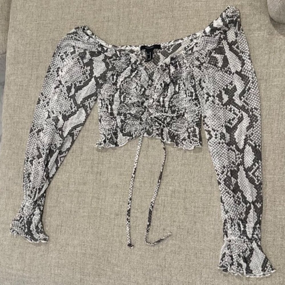 Forever 21 Snakeskin Long-Sleeve Crop Top with Ruching